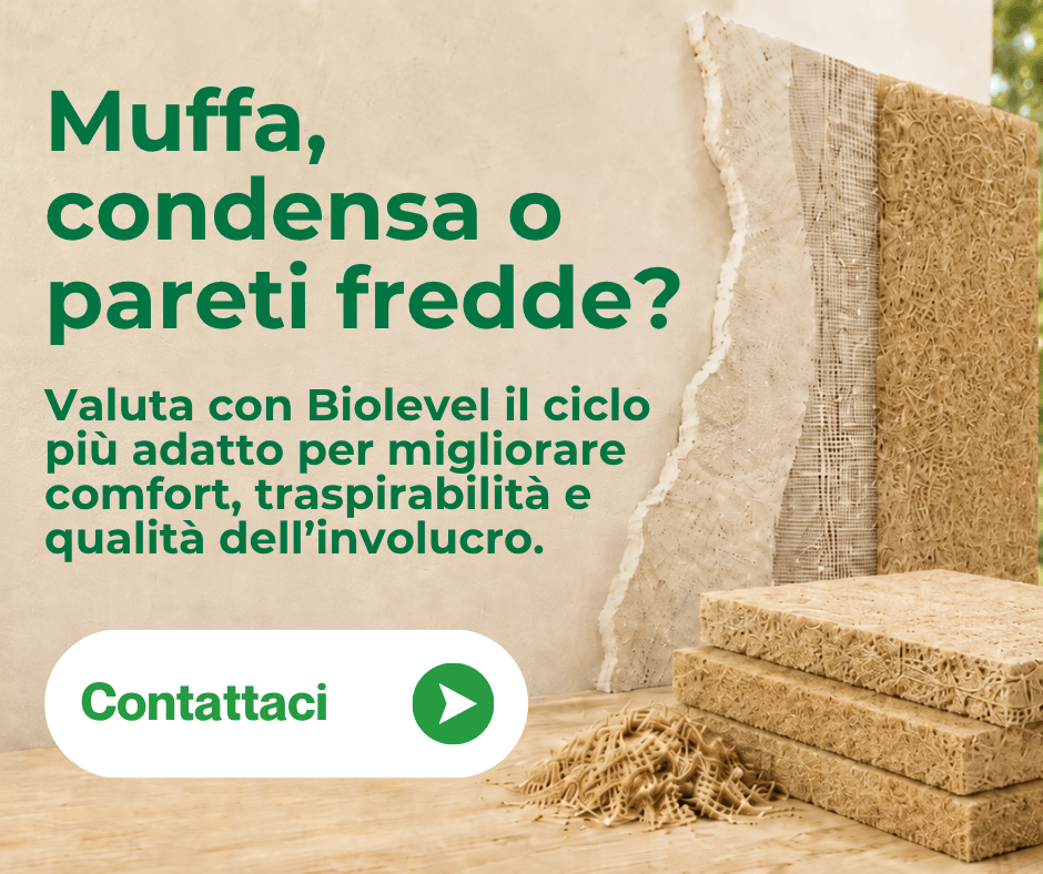 Hai muffa ricorrente, condensa o pareti fredde? Invia alcune foto, indica il tipo di edificio e descrivi il problema: Biolevel può aiutarti a valutare se intervenire con un ciclo deumidificante, una finitura minerale traspirante o un sistema di isolamento più completo.