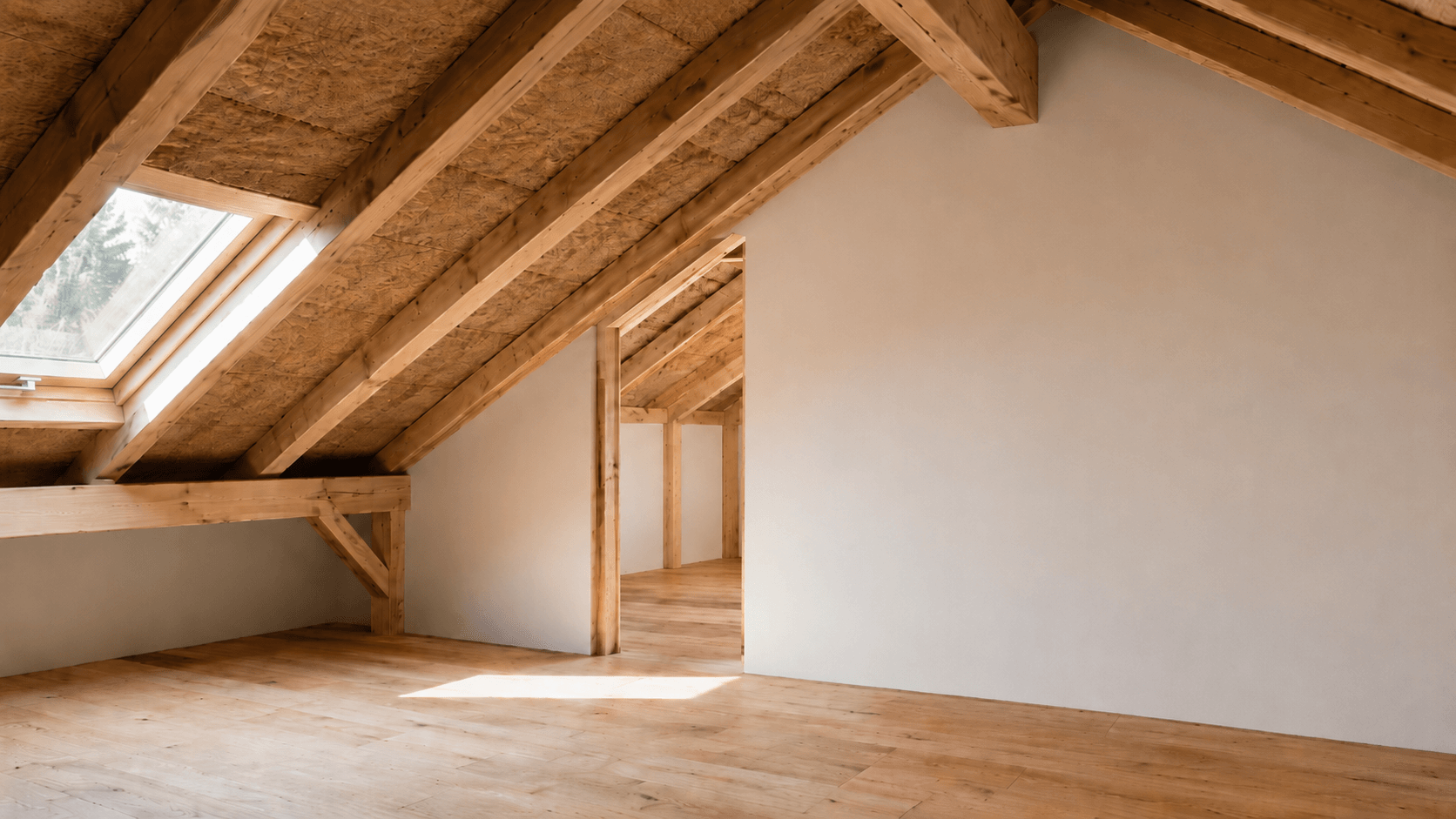 Sottotetto isolato con pannelli in fibra naturale e travi in legno.