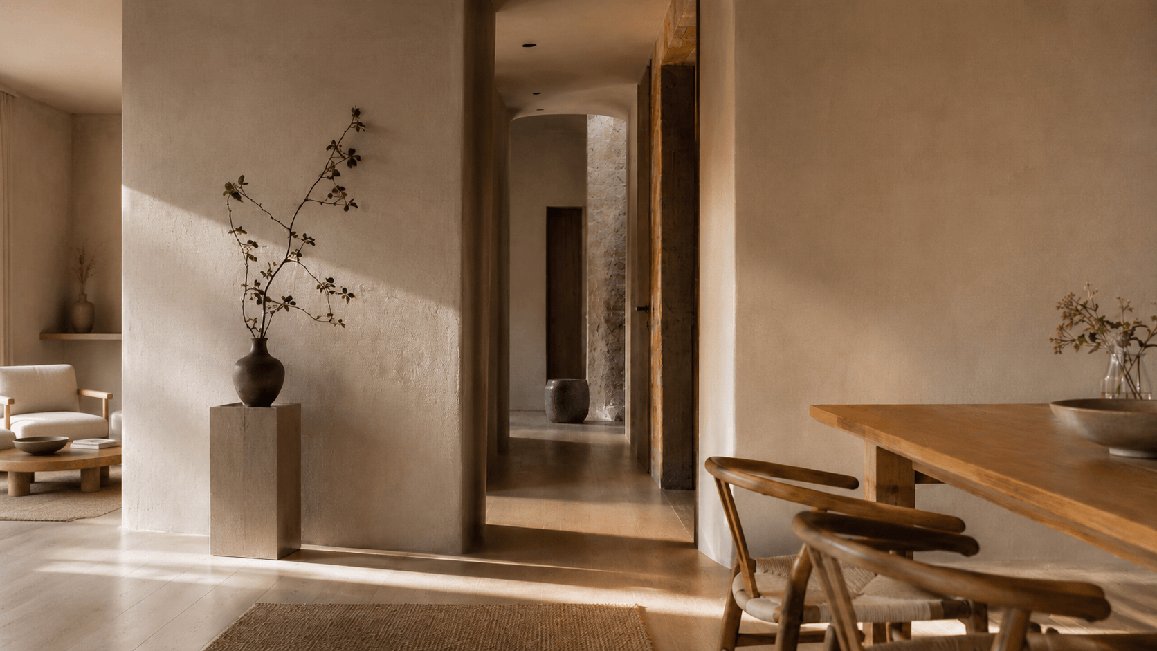 Ambiente interno salubre con parete minerale naturale e luce naturale.