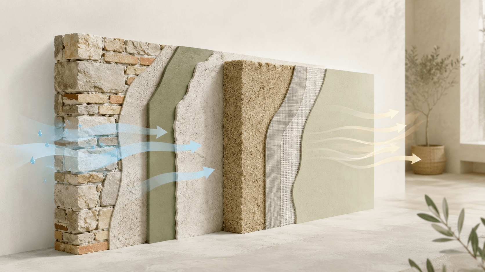 Stratigrafia traspirante con intonaco minerale, pannello naturale e finitura a calce.
